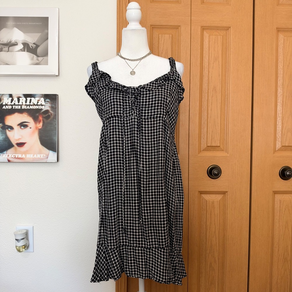 American Eagle Gingham Ruffle Mini Dress Black White XL Lace Up Smocked Dress